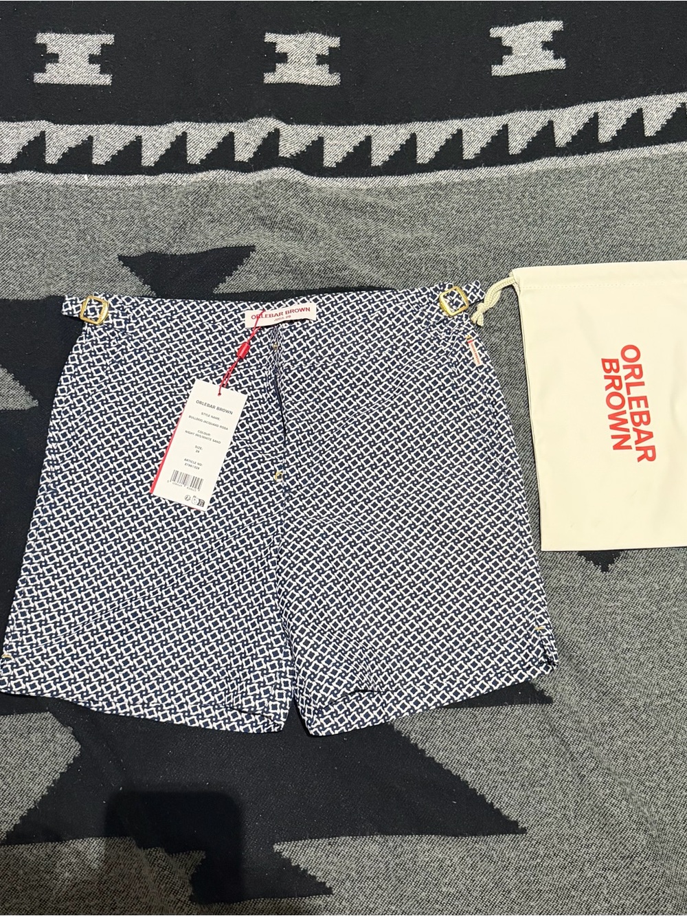 Orlebar Brown Navy and White Geometric Swim Trunks